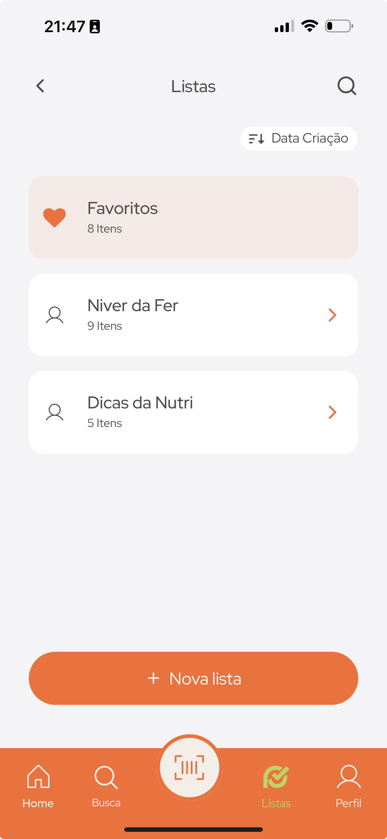 Imagem da tela de listas.