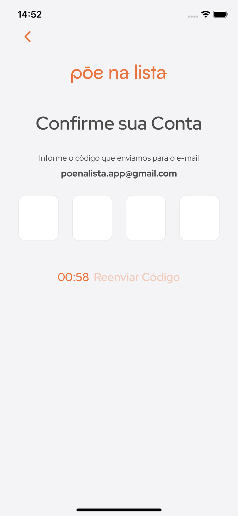 Imagem da tela de confirmação do código enviado ao e-mail.