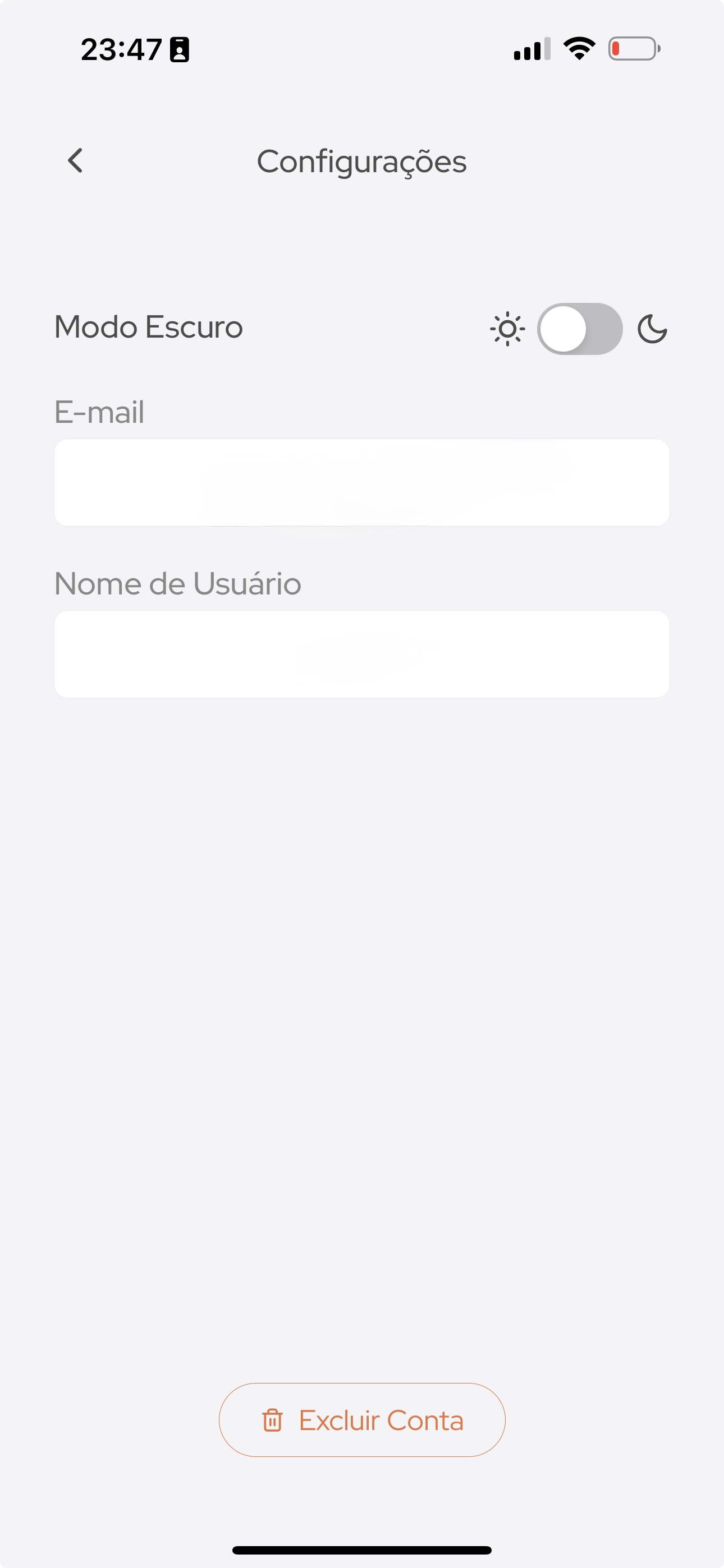 Tela de configurações do app