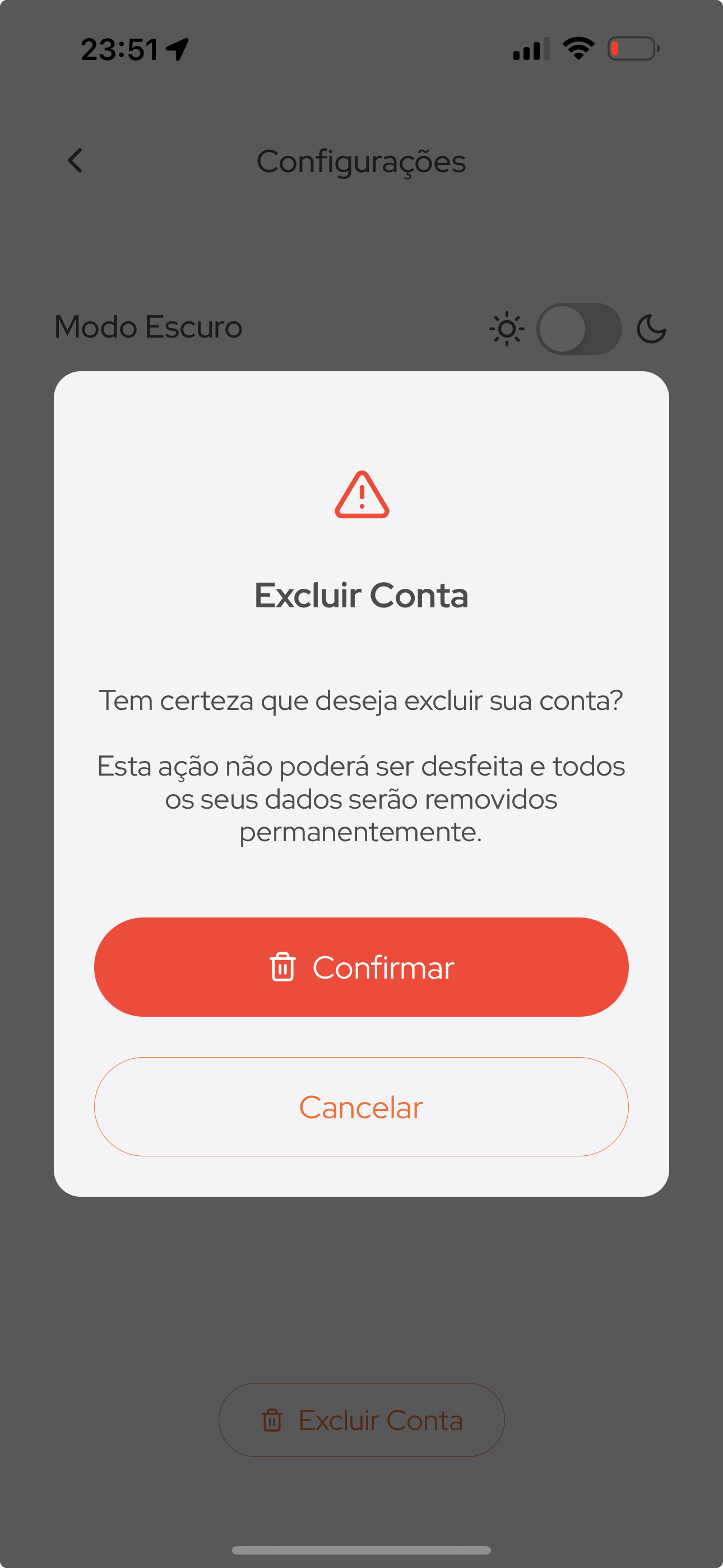 Tela de confirmação de exclusão da conta