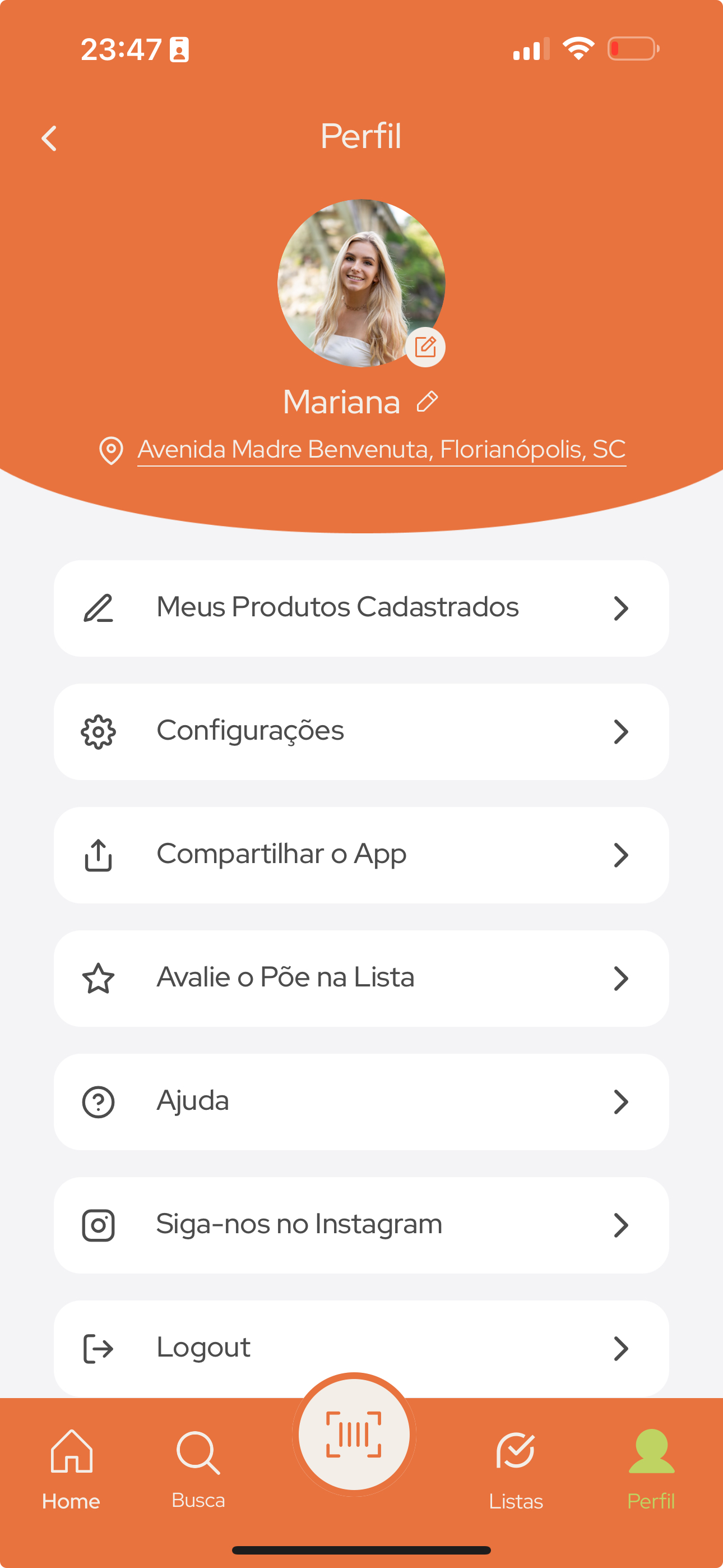 Tela do perfil do usuário