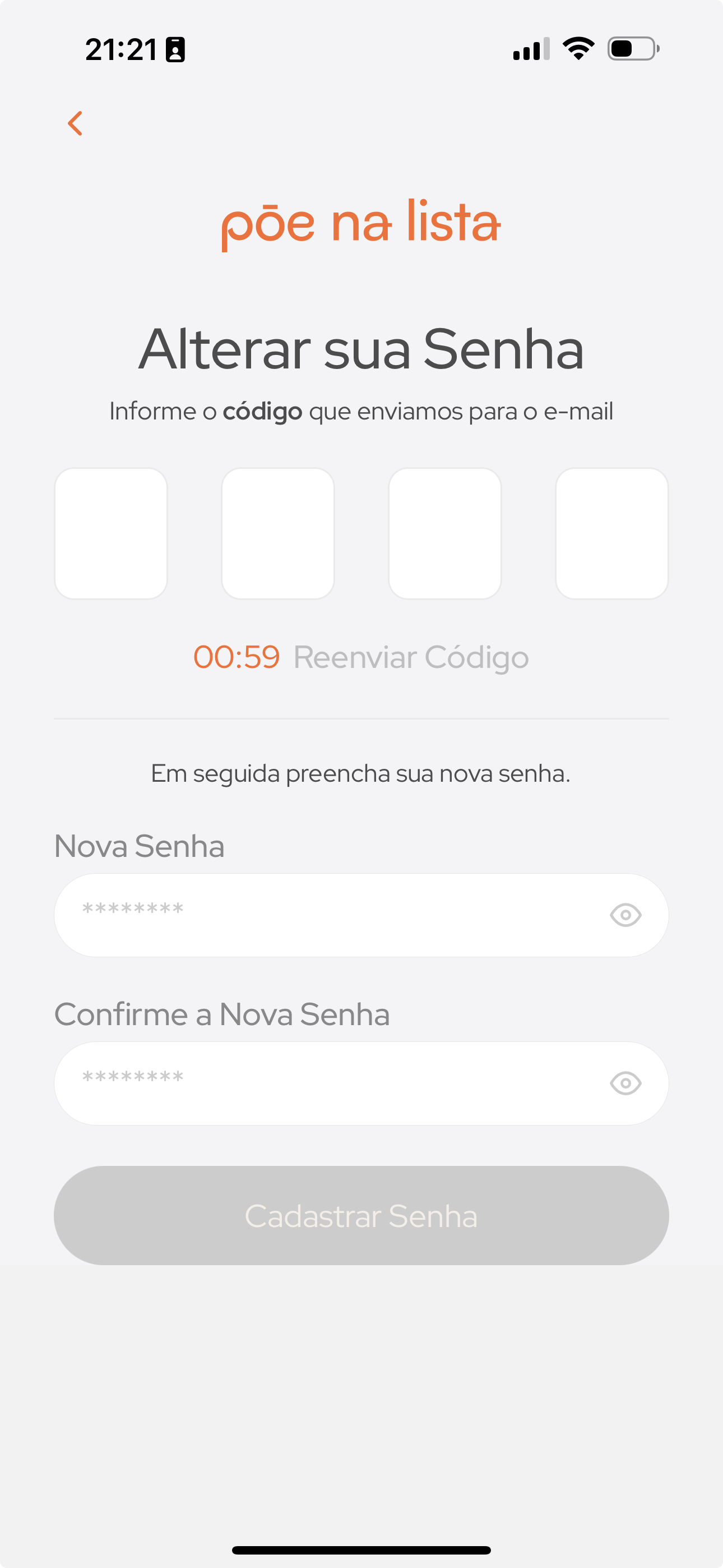 Imagem da tela de confirmação de Código OTP e cadastramento de nova senha.